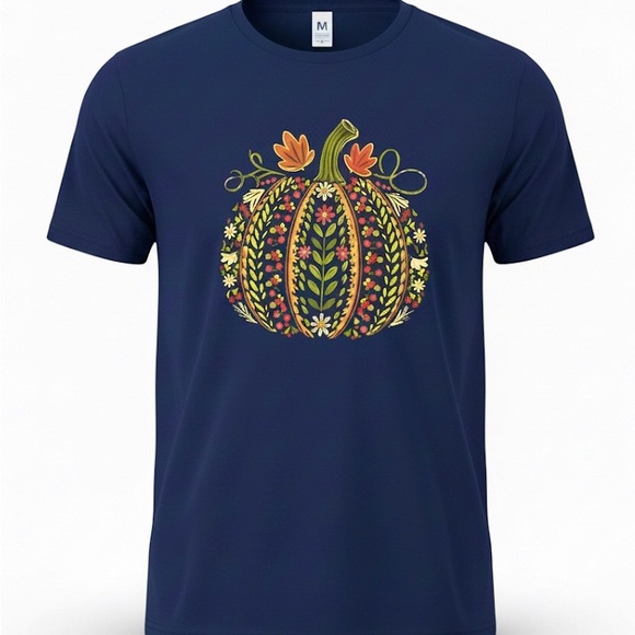 Tops - Navy Blue Fall Pumpkin Halloween Festive Graphic T-Shirt tee